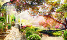 A Blooming Garden By The Lake With A Gazebo. Photo Wallpapers.