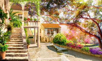 A village in a blooming garden.