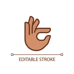 Sticker - Fingers holding small item pixel perfect RGB color icon. Hand gesture. Interaction process. Isolated vector illustration. Simple filled line drawing. Editable stroke. Arial font used