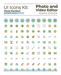 Photo and video editor tools pixel perfect RGB color ui icons set. Digital program. GUI, UX design for mobile app. Vector isolated pictograms. Editable stroke. Montserrat Bold, Light fonts used