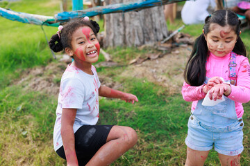 Wall Mural - Diverse happiness kid group playing in playground at summer camp learning