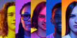 © master1305 - Happy smiling young people looking at camera on multicolored background in neon. Collage made of half of faces of male and female models.