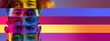 © master1305 - Collage of close-up male and female eyes isolated on colored neon backgorund. Multicolored stripes. Concept of equality, vision, emotions