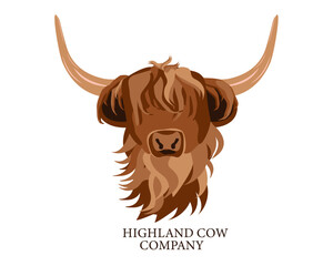 Wall Mural - Portrait of Highland Cattle, Cow. Cute Head of Scottish Cattle isolated on White Background. Design Element for Logo, Poster, Card, Banner, Emblem, t shirt. Vector illustration.