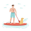 A man stand up on paddle board with dog. Flat cartoon character. Summer outdoor activity. Boy surfing on sup board. Beach vacation. Vector illustration.