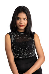 Sticker - Portrait of a young girl wearing black dress posing on a white background