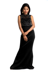 Sticker - Portrait of a young girl wearing black dress posing on a white background