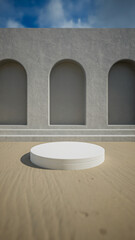 Sticker - podium on sand beach for product placement 3d rendering