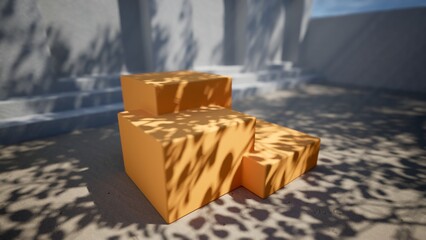 Sticker - podium on sand beach for product placement 3d rendering