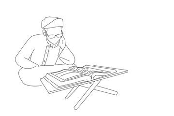 Cartoon of asian muslim man reading Koran or Quran. Outline drawing style art