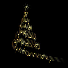 Wall Mural - abstract christmas tree with music pentagram. gold christmas tree with musical notes