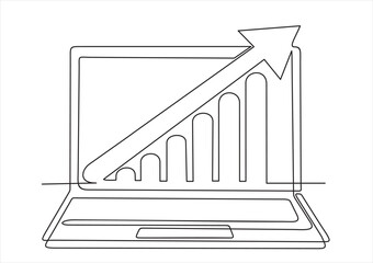 Wall Mural - continuous one line vector drawing of laptop with graph and up arrow. Line art. 