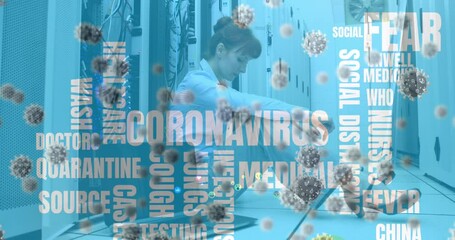 Poster - Animation of covid text over people using laptop