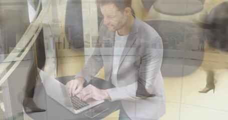 Poster - Animation of timelapse with people over caucasian businessman with laptop in office