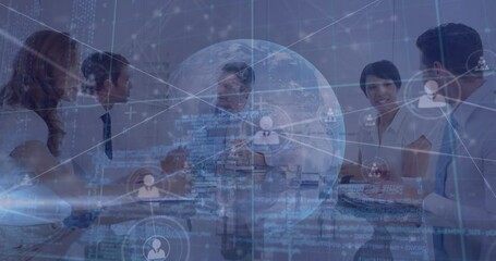 Poster - Animation of globe, profile icons connecting with lines over caucasian coworkers brainstorming