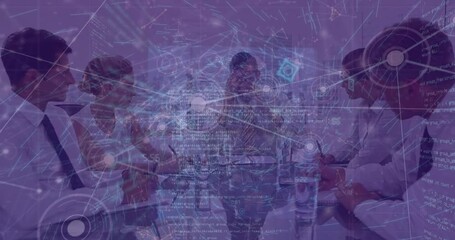 Poster - Animation of programming code, connecting dots over angry man shouting on coworkers in meeting