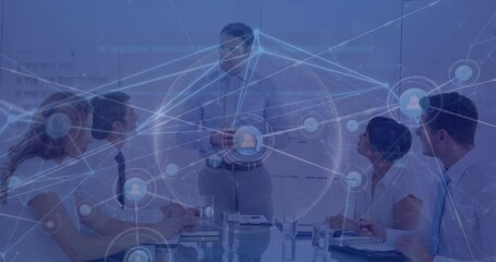 Poster - Animation of icons connecting with lines and caucasian man briefing to coworkers in meeting