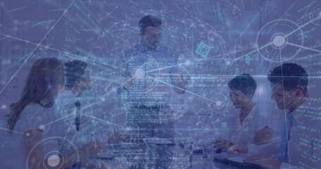 Poster - Animation of computer language, globe and dots over caucasian man briefing project to coworkers