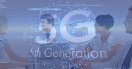 Poster - Animation of 5g, 5th generation text, globe over multiracial coworkers discussing in meeting