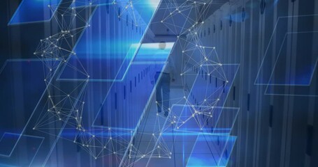 Poster - Animation of network of connections and blue squares over male engineer walking in server room
