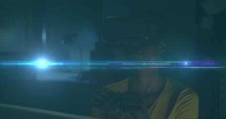 Poster - Animation of blue light spot moving over african american woman wearing vr headset at home