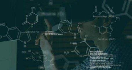 Poster - Animation of chemical structures and data processing over caucasian man wearing vr headset