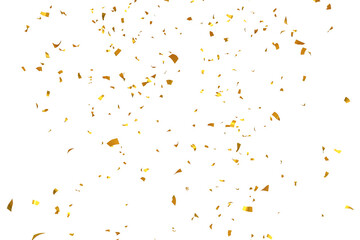 3d render of golden confetti falling on transparent background, anniversary, birthday or wedding cel