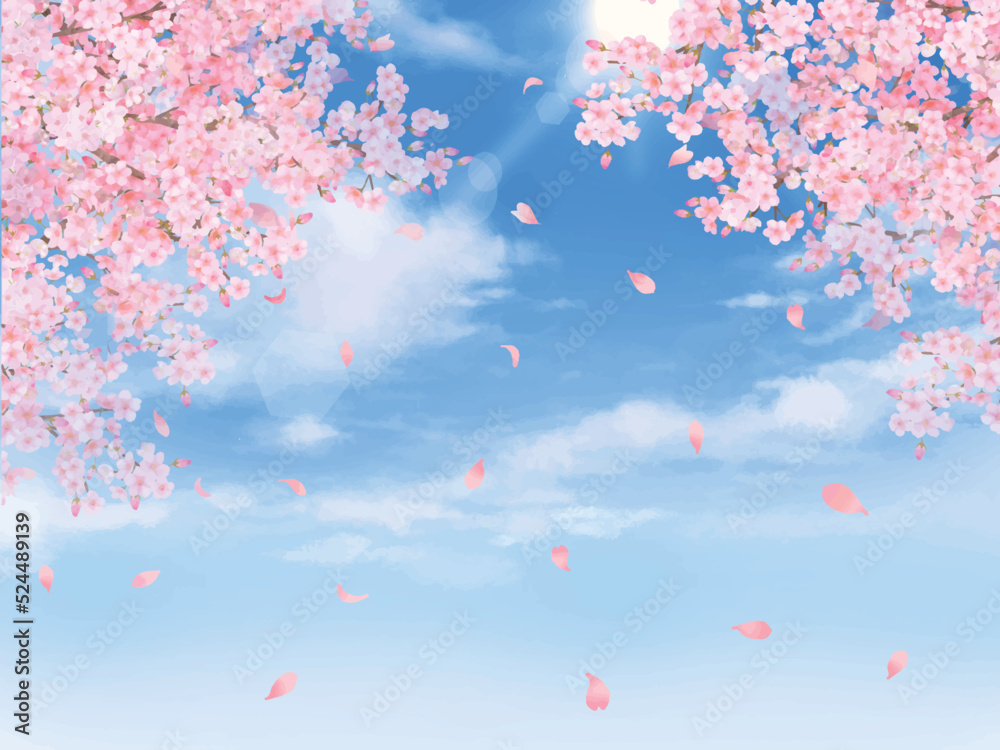 美しい桜の花びら舞い散る春の爽やか青空に光差し込むフレーム背景