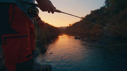 Wall Mural - Man fly fishing on the river at sunset