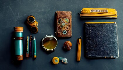 Poster - School and education workplace items. Vector flat illustration of school supplies. Isolated school, education workspace accessories on white background. Infographic elements for web, . 3d rendering.