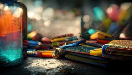 Poster - School and education workplace items. Vector flat illustration of school supplies. Isolated school, education workspace accessories on white background. Infographic elements for web . 3d rendering.