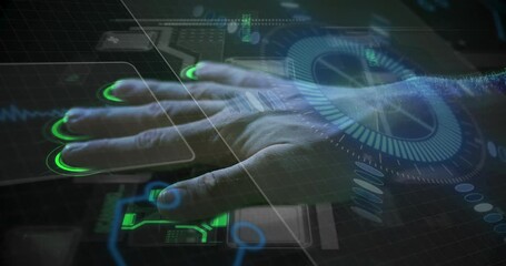 Poster - Animation of caucasian man scanning hand with hud processing on digital interface