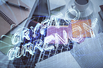 Aufkleber - Blockchain theme hologram drawings over computer on the desktop background. Top view. Multi exposure. Concept of cryptoeconomy.