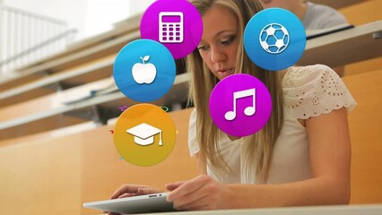 Poster - Animation of colorful icons over caucasian female student using tablet