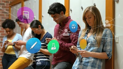 Poster - Animation of colorful icons and network of connections over diverse students using smartphones