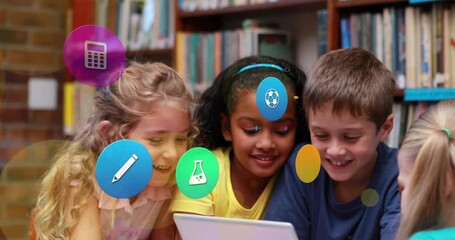 Poster - Animation of colorful icons over diverse schoolchildren using tablet