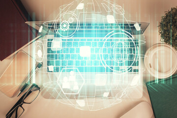Poster - Social network hologram drawings over computer on the desktop background. Top view. Double exposure.