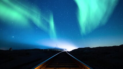 Wall Mural - Aurora Green Starry Sky Train Track Loop