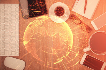 Poster - Double exposure of social network theme drawing over table with phone. Top view. People connecting concept.
