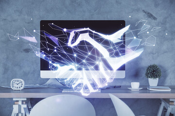 Poster - Multi exposure of handshake drawings and office interior background. Partnership concept.