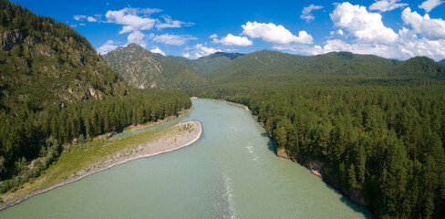 Aufkleber - Drone aerial top view of mountain river and forest