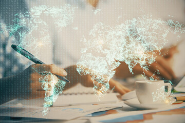 Poster - Double exposure of social network theme drawing over people taking notes background. Concept of human connection