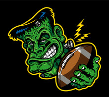 Cartoon Frankenstein's Monster Mascot Holding Football For Sports Event Or Halloween Game