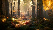 A 3D Illustration Of A Magical Forest With Orange Fireflies Flying Above The Ground