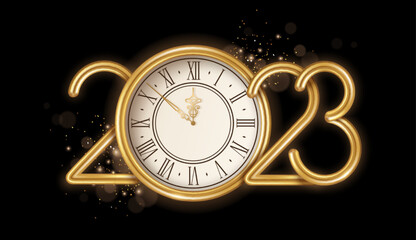 Wall Mural - Gold Happy New Year 2023 logo with clock face and burst glitter sparkles on black background. Vector illustration. Merry Christmas template design for posters, flyers, brochures or vouchers