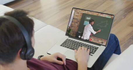 Poster - Animation of asian boy in headphones having online lessons on laptop at home