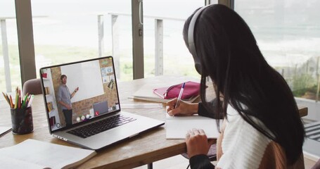 Poster - Animation of middle eastern girl in headphones having online lessons on laptop