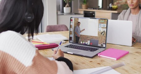 Poster - Animation of middle eastern girl in headphones having online lessons on laptop