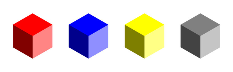 Poster - Basic Geometry Set of Cubes with Red, Blue, Yellow, and Gray or Monochrome Cube in 3D Perspective Style. Vector Image.