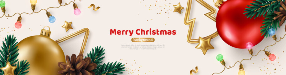 Wall Mural - Merry Christmas and Happy New Year 2023 Banner with Fir Tree Branches, Red Golden Baubles, Lights Garland on Bright Background. Vector illustration. Winter holiday template design, poster, flyer